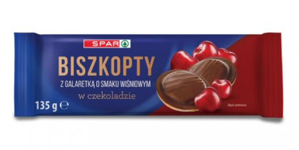 Biszkopty Spar z galaretką smak wiśniowy w czekoladzie