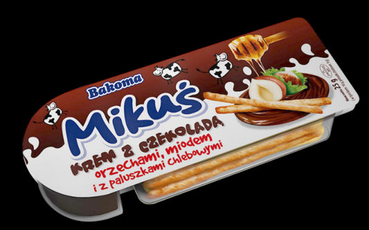 Krem do smarowania Mikuś z czekoladą orzechami miodem i paluszkami